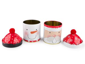 Vánoční plechová dárková krabička sněhulák, Santa s bambulkou