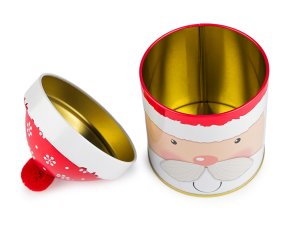 Vánoční plechová dárková krabička sněhulák, Santa s bambulkou
