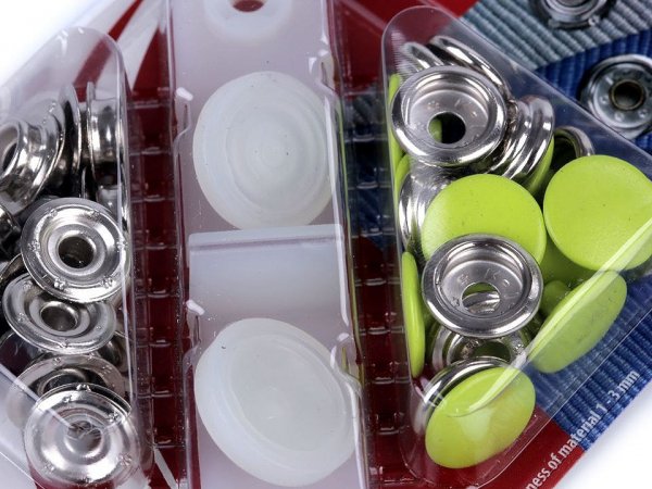Knoflíky stiskací s kroužkem Ø15 mm na silné látky, barevný lak
