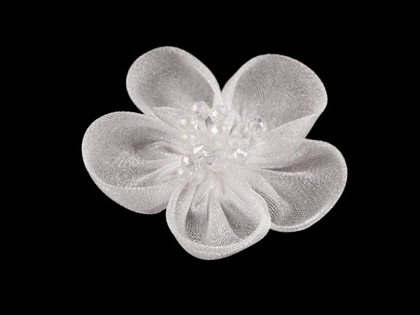 Organzový květ s broušenými korálky k našití a nalepení Ø4,5 cm